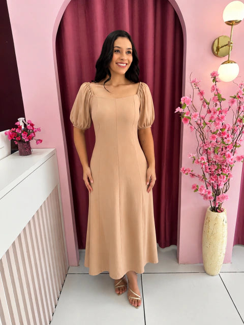 Vestido Ester Bege - Moda Evangelica