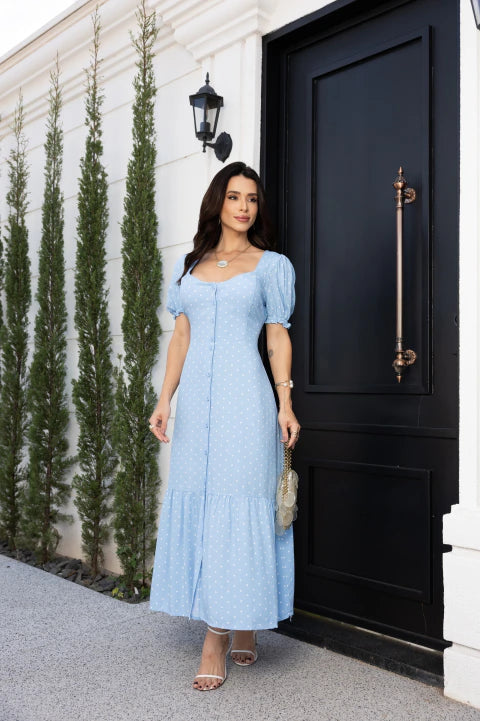 Vestido poá azul - Moda Evangelica
