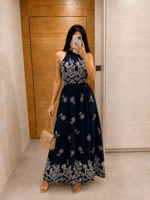 Vestido Priscila Azul marinho - Moda Evangelica