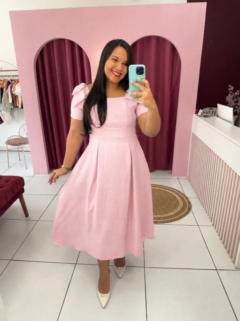 Vestido Laço Rosa - Moda Evangelica