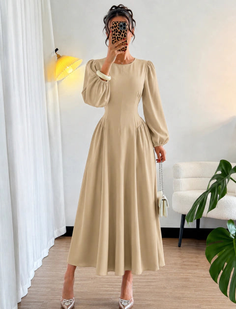 Vestido Clássico ML Bege - Moda Evangelica