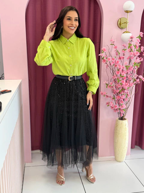 Saia Tule Paetê Preta - Moda Evangelica