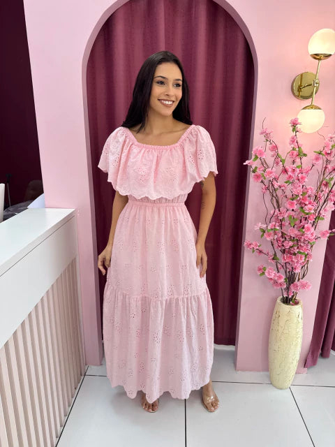 Vestido Bordado Rosa - Moda Evangelica