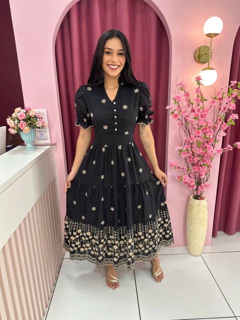 Vestido Bordado Preto - Moda Evangelica