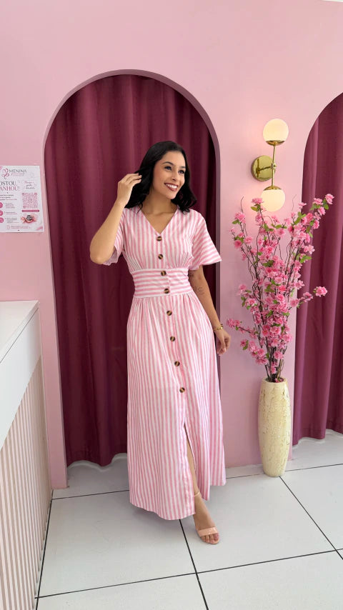 Longo Listras Rosa - Moda Evangelica