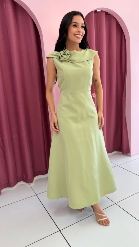 Vestido Midi Flor Verde - Moda Evangelica