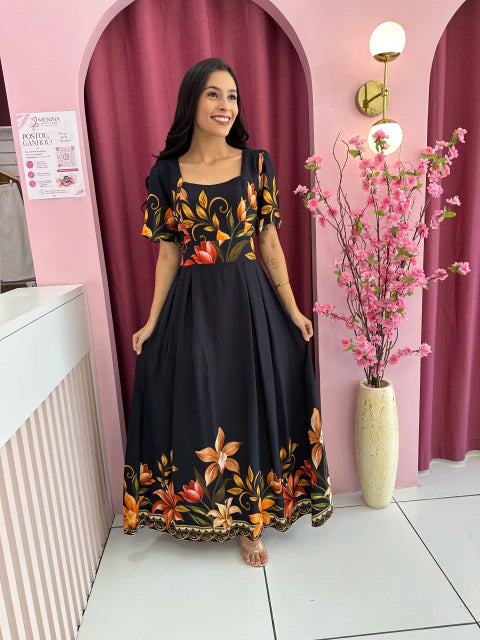 Longo floral preto - Moda Evangelica