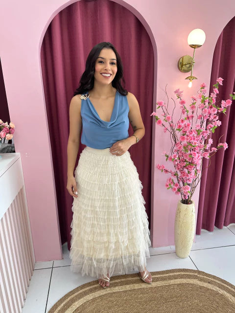 Saia Tule Camadas Bege - Moda Evangelica
