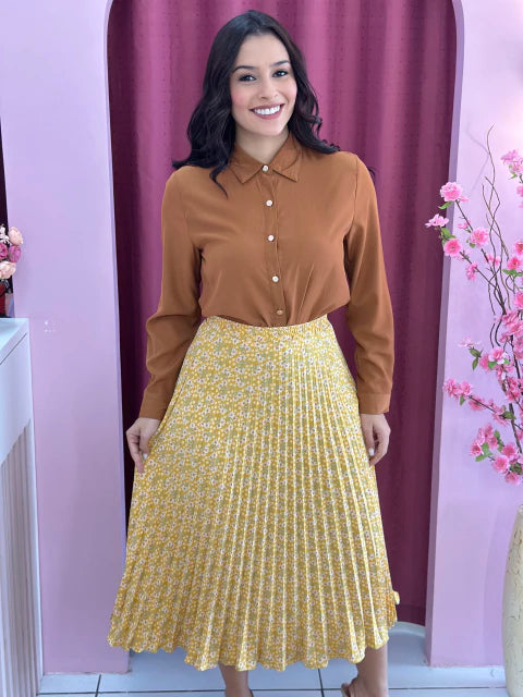 Saia Plissada Amarelo Floral - Moda Evangelica