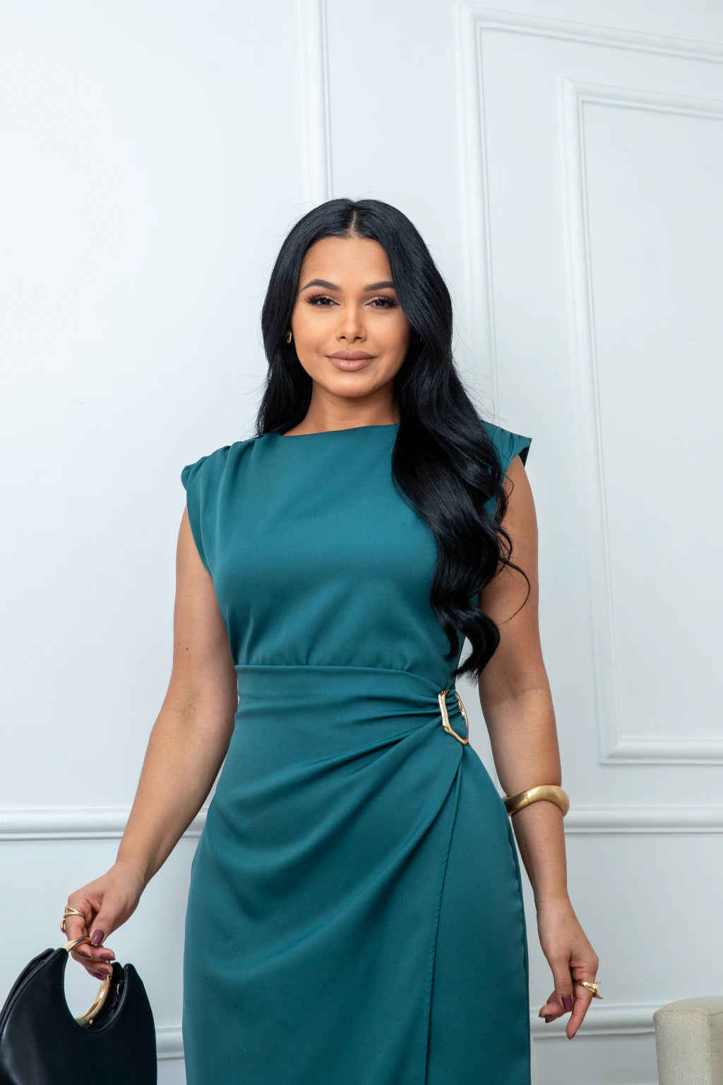 Vestido Elegante fivela petróleo