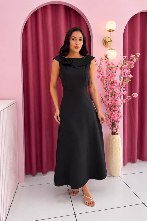 Vestido Midi Flor Preto - Moda Evangelica
