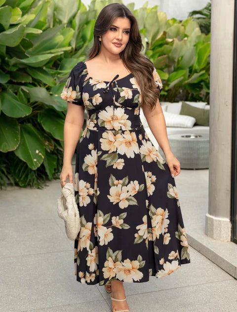 Vestidos Mayara Azul Floral - Moda Evangelica
