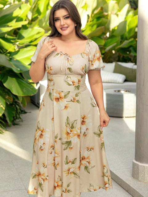 Vestidos Mayara Bege Floral - Moda Evangelica