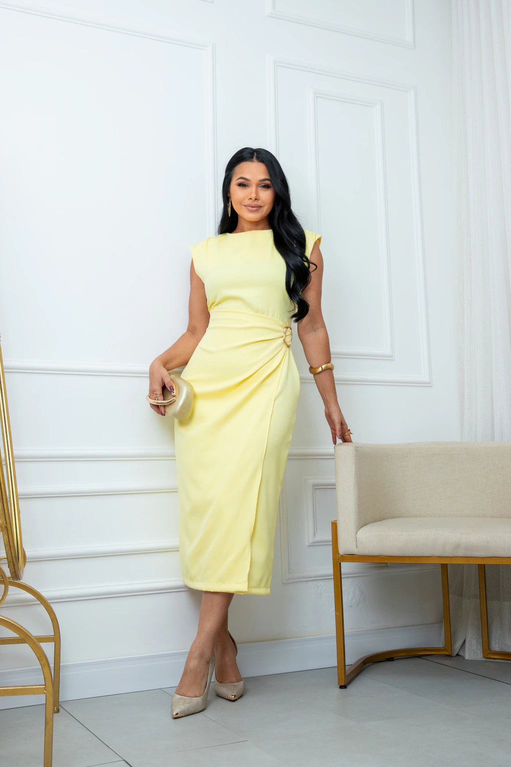 Vestido Elegante fivela Amarelo