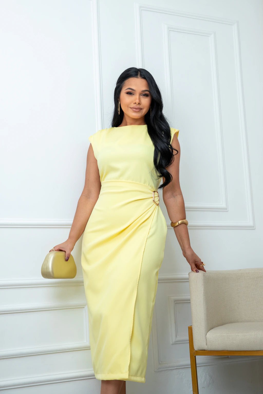 Vestido Elegante fivela Amarelo
