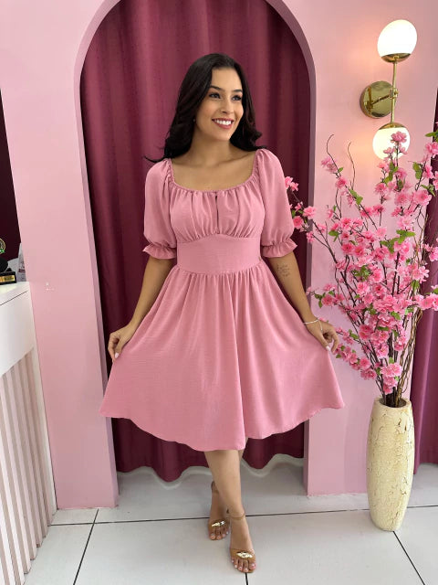 Vestido Angélica Rosa manga curta - Moda Evangelica