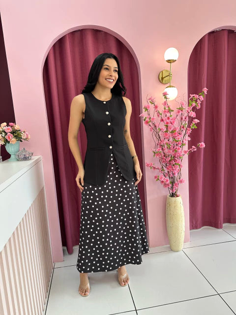 Saia Seda Poá Preta - Moda Evangelica