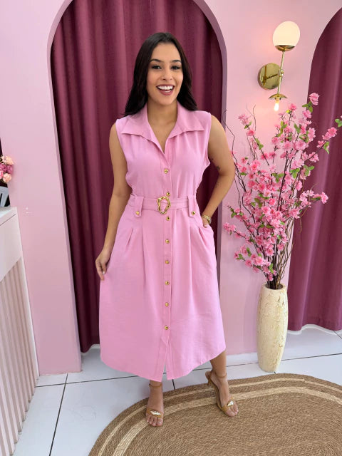 Vestido Botões Rosa - Moda Evangelica