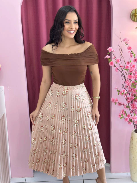 Saia Plissada Bege Floral - Moda Evangelica