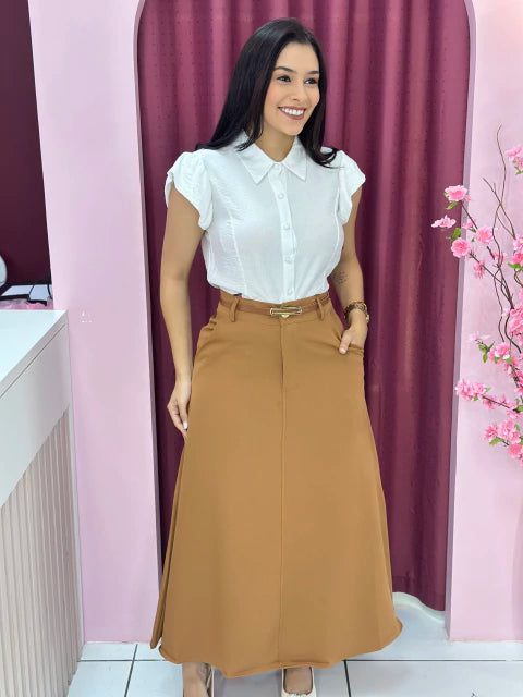 Saia Midi com Cinto Marrom - Moda Evangelica