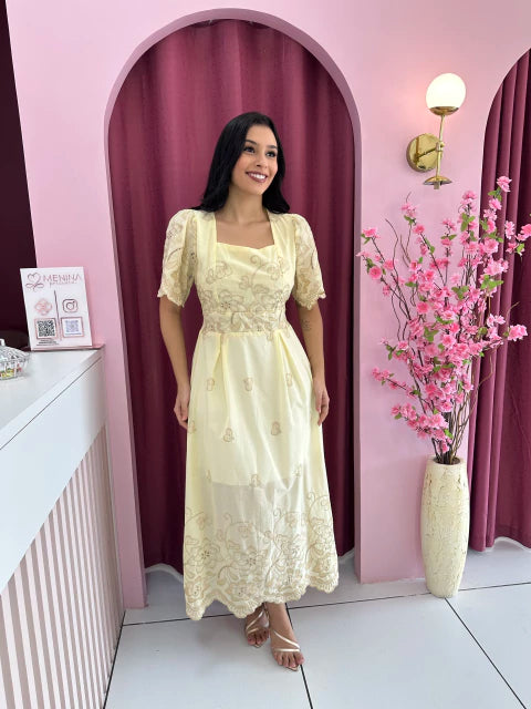 Vestido Bordado Amarelo - Moda Evangelica