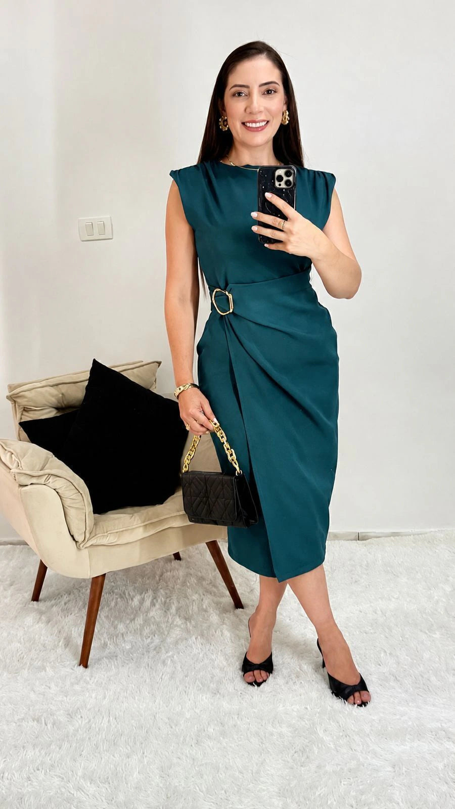 Vestido Elegante fivela petróleo